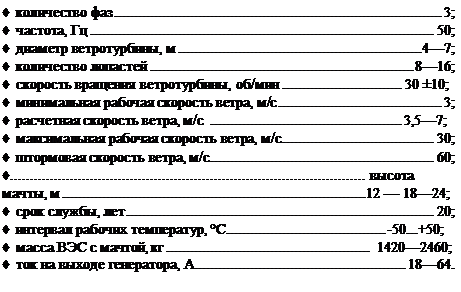 Подпись: ♦ количество фаз 3; ♦ частота, Гц 50; ♦ диаметр ветротурбины, м 4—7; ♦ количество лопастей 8—16; ♦ скорость вращения ветротурбины, об/мин 30 ±10; ♦ минимальная рабочая скорость ветра, м/с 3; ♦ расчетная скорость ветра, м/с 3,5—7; ♦ максимальная рабочая скорость ветра, м/с 30; ♦ штормовая скорость ветра, м/с 60; ♦ высота мачты, м 12 — 18—24; ♦ срок службы, лет 20; ♦ интервал рабочих температур, °С -50...+50; ♦ масса ВЭС с мачтой, кг 1420—2460; ♦ ток на выходе генератора, А 18—64. 