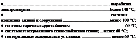 Подпись: ♦ выработка электроэнергии более 140 °С; ♦ системы отопления зданий и сооружений менее 100 °С; ♦ системы горячего водоснабжения 60 °С; ♦ системы геотермального теплоснабжения теплиц .. менее 60 °С; ♦ геотермальные холодильные установки менее 60 °С. 