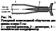 Подпись: Рис. 76. Рупорный волноводный облучатель для длины волны 3 см: 1 — круглый волновод; 2 — диэлектрик; 3 — металлический контррефлектор 