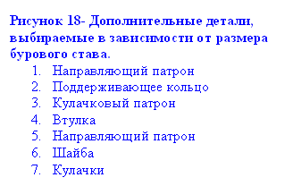 подпись: рисунок 18- дополнительные детали,
выбираемые в зависимости от размера бурового става.
1. направляющий патрон
2. поддерживающее кольцо
3. кулачковый патрон 
4. втулка
5. направляющий патрон
6. шайба
7. кулачки
